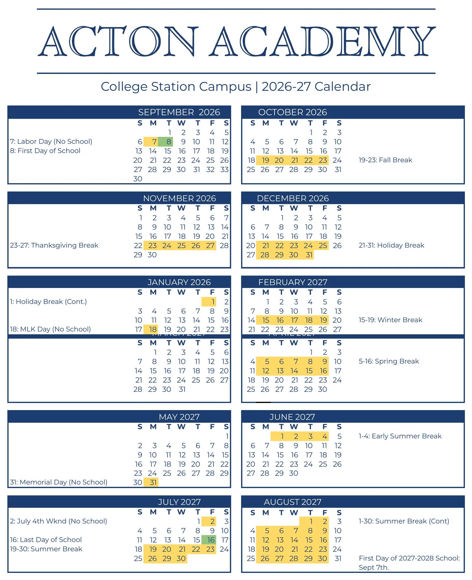 Acton Academy College Station 2026-2027 Annual Calendar